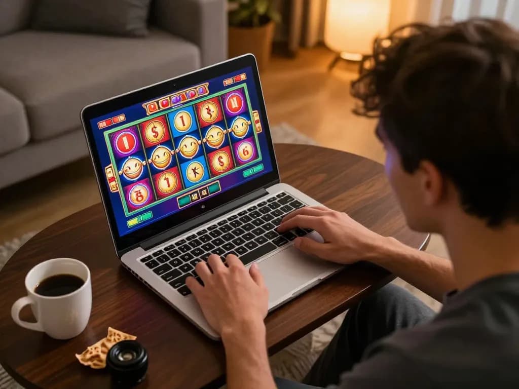 Player enjoying bet kecil slot games at home on a laptop, showcasing flexible and engaging gambling.