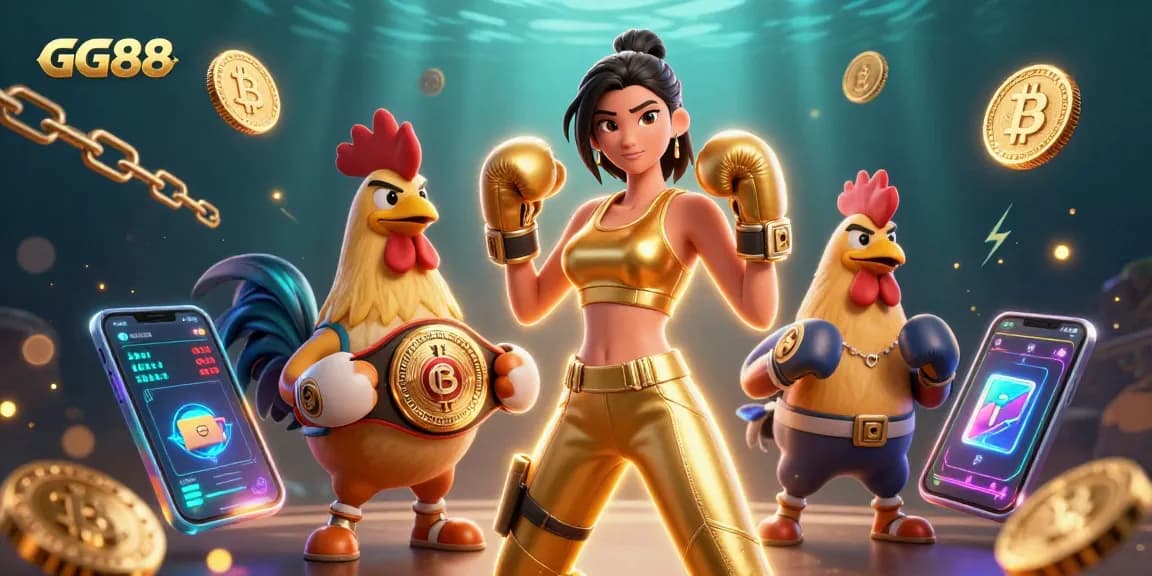Win big at GG88 with a vibrant 3D scene featuring a champion woman and rooster