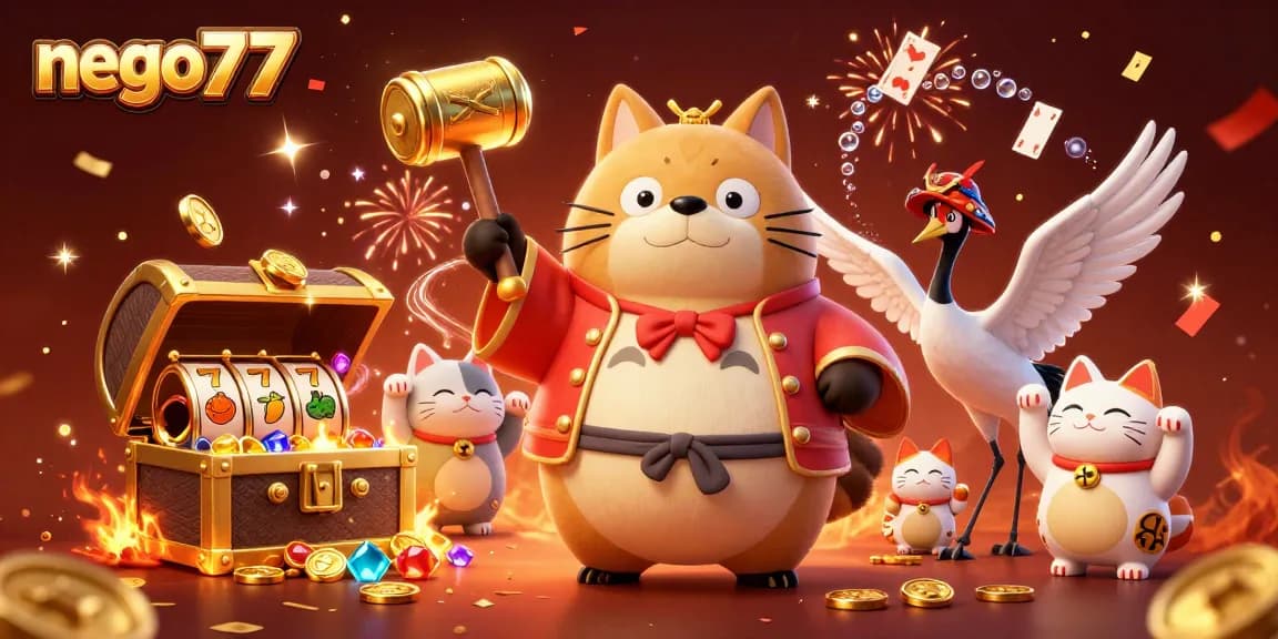 Nego77 promotional illustration featuring lucky tanuki and vibrant casino elements highlighting gaming excitement.