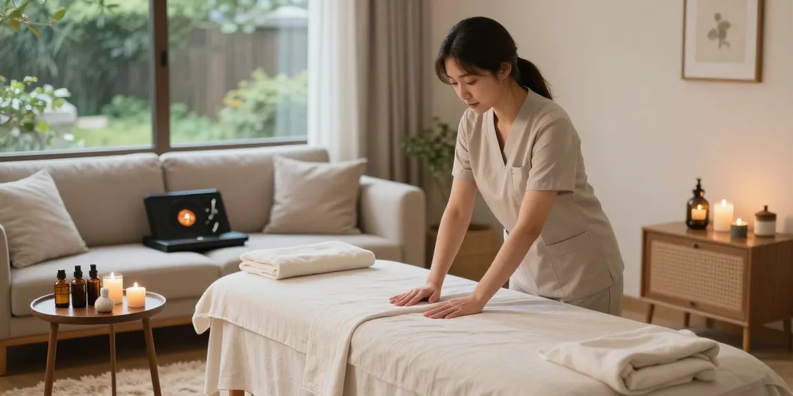 Relaxing home spa setup for 남양주출장마사지 with candles, oils, and a massage therapist.