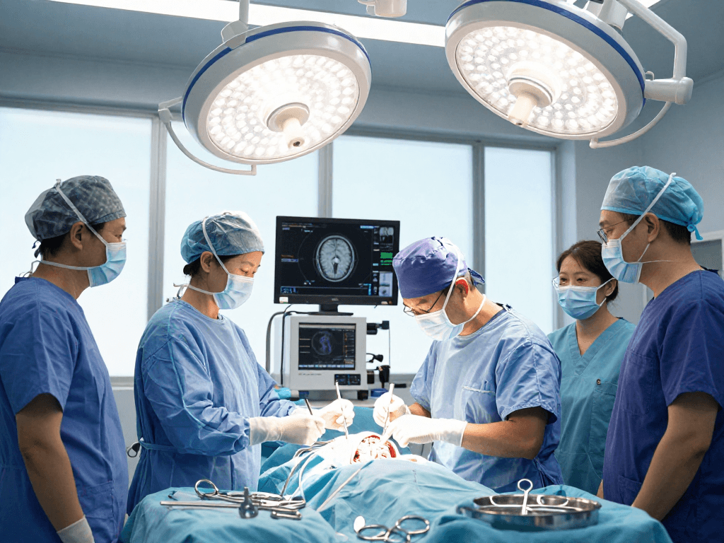 Cranial neurosurgery specialist performing brain surgery with a dedicated surgical team in a modern theater