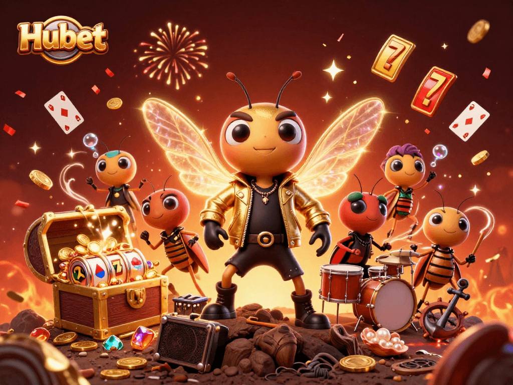 Spin the reels and win at Hubet with vibrant casino-themed cartoon illustration featuring characters and treasures.
