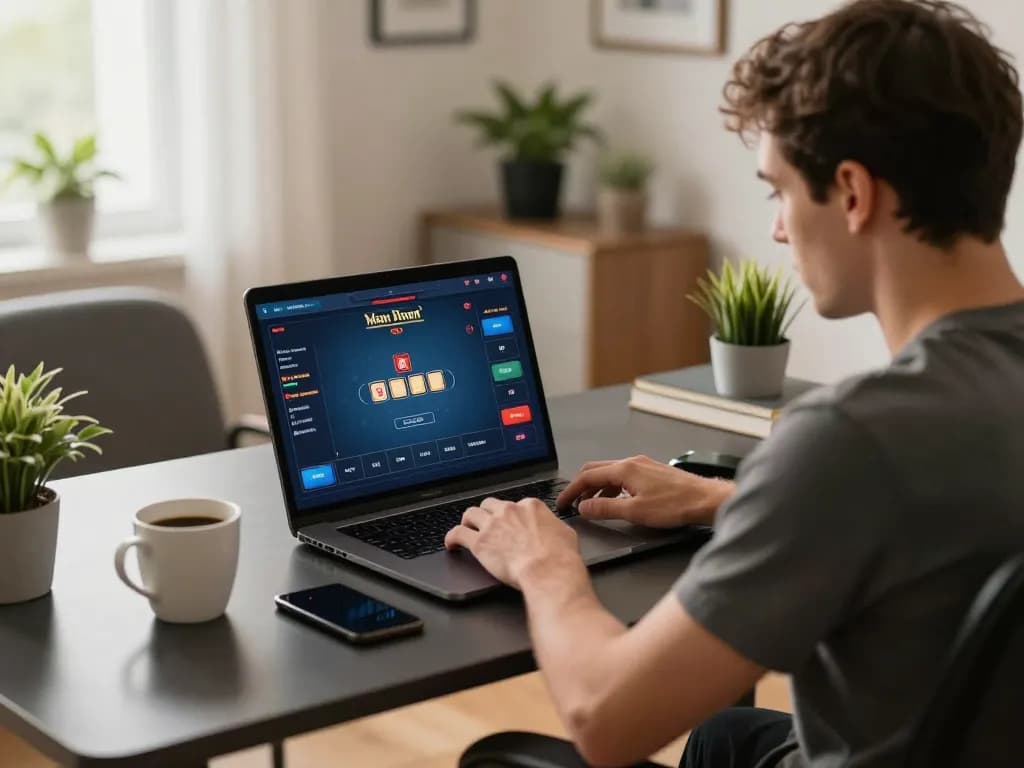 Player engaging in online poker strategy at home with hitclub interface displayed on laptop