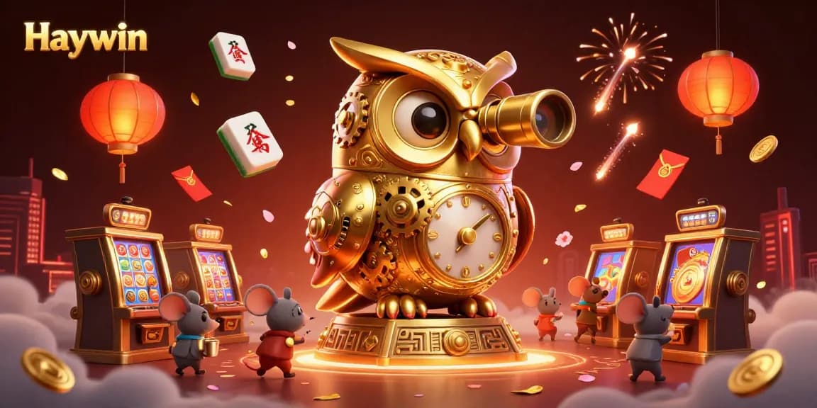 Haywin engages players with a vibrant casino scene featuring a golden owl and animated mouse patrons.