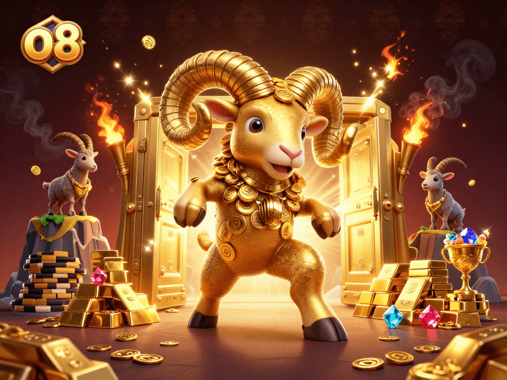Experience thrilling wins with the powerful o8 ram charging through a golden gate of fortune.