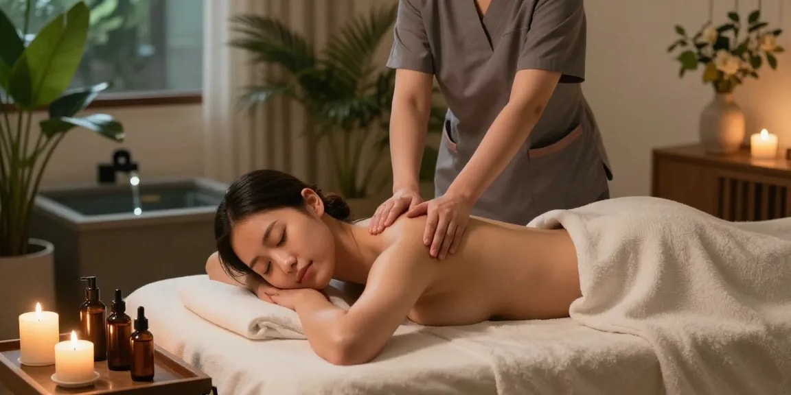 광명출장안마 massage therapy scene with a skilled Korean therapist providing a relaxing experience in a serene home setting.