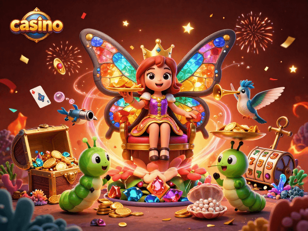 Engage in the vibrant casino scene with a butterfly queen, chip-carrying caterpillars, and sparkling treasures.