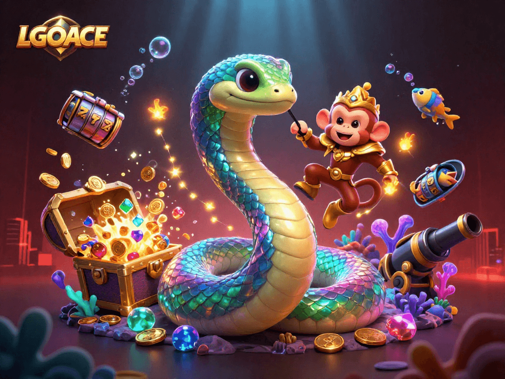 LGOACE thrills with vibrant casino imagery featuring a rainbow serpent and slot reels in this immersive scene.