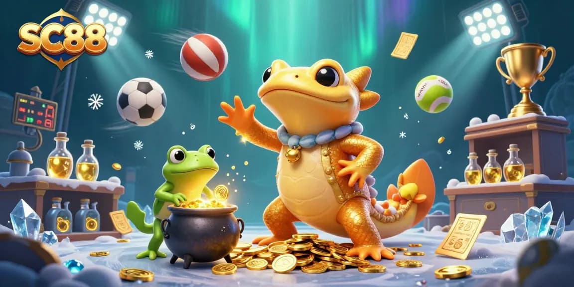 Experience the excitement of SC88 with vibrant action, dynamically flying sports elements, and a magical golden alchemist scene.