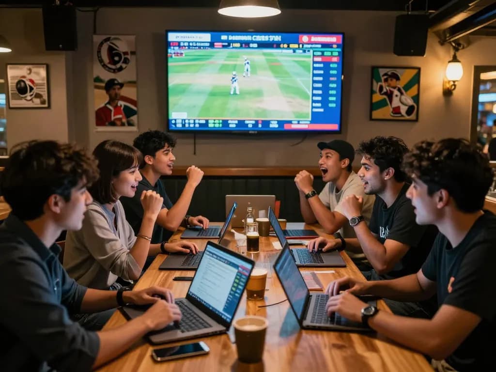 Engage in 99exch cricket betting with enthusiasts strategizing and enjoying games at a lively sports bar.