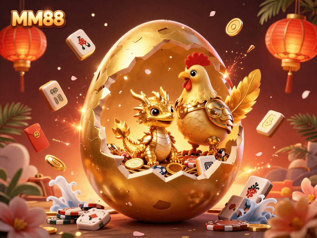 Experience excitement at MM88 with a stunning illustration of a golden dragon and poker chips.