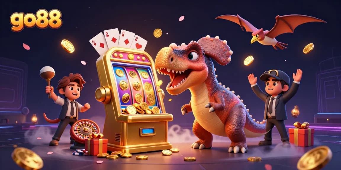Witness the excitement of go88 as a cartoon dinosaur triggers a jackpot in a vibrant casino scene.