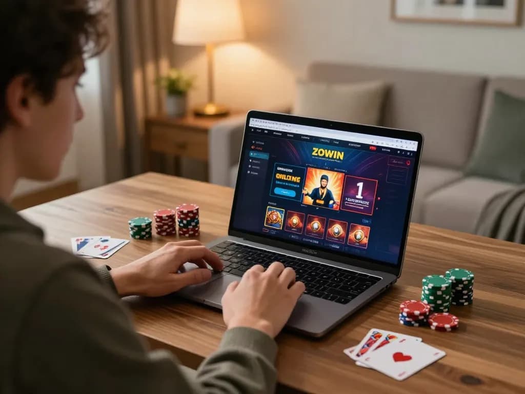 ZOWIN player engaging with online casino on laptop, focused expression, warm home ambiance.
