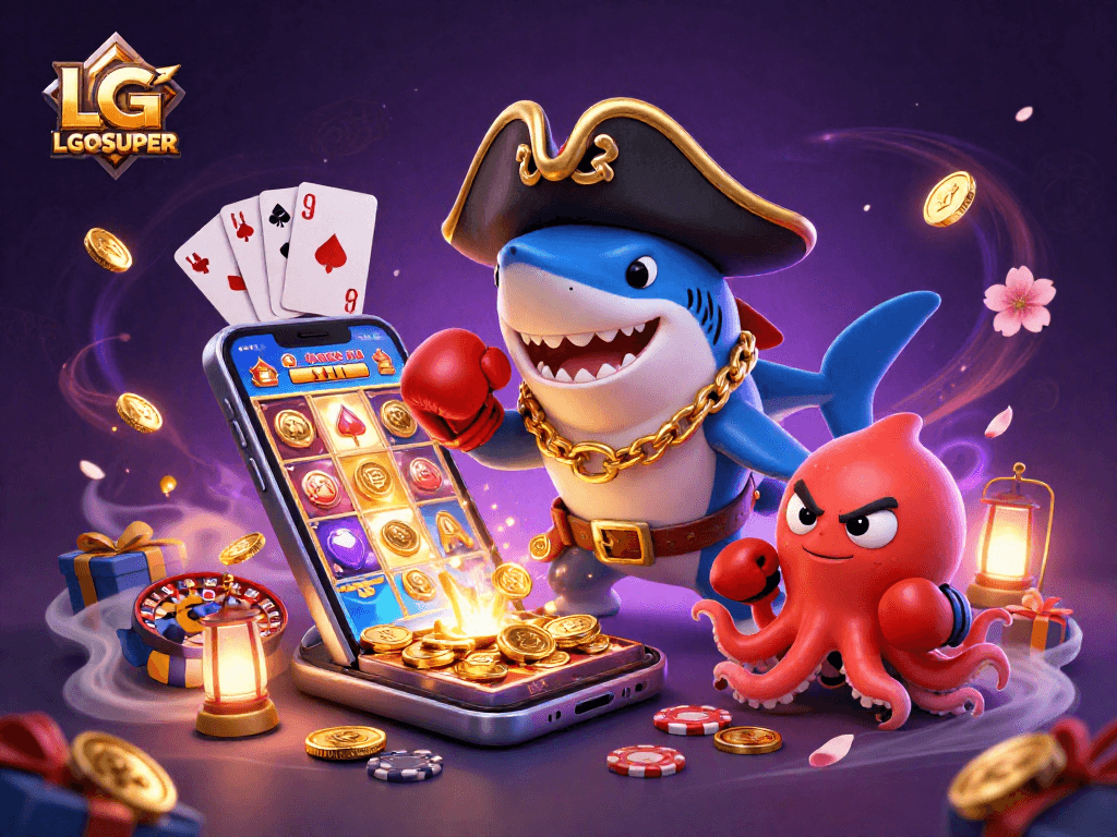 Experience the excitement of LGOSUPER with animated casino characters enjoying slot games and golden coins flying.