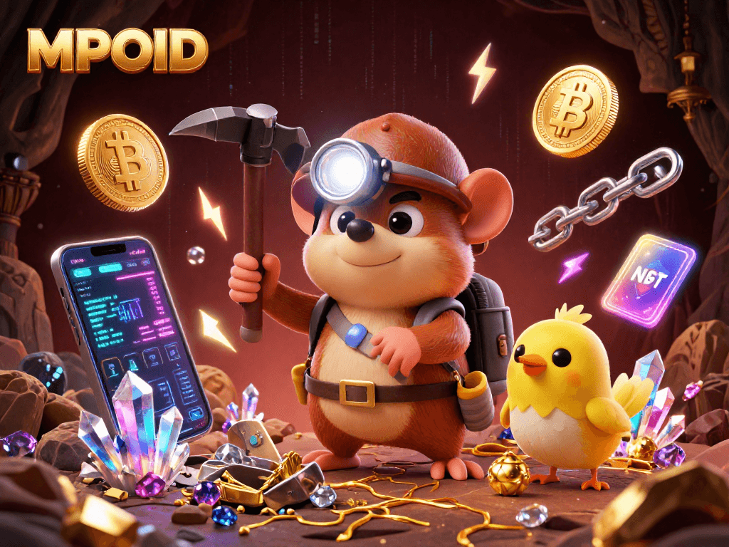 Join the treasure hunt with MPOID in this vibrant 3D mining scene revealing crypto fortunes!