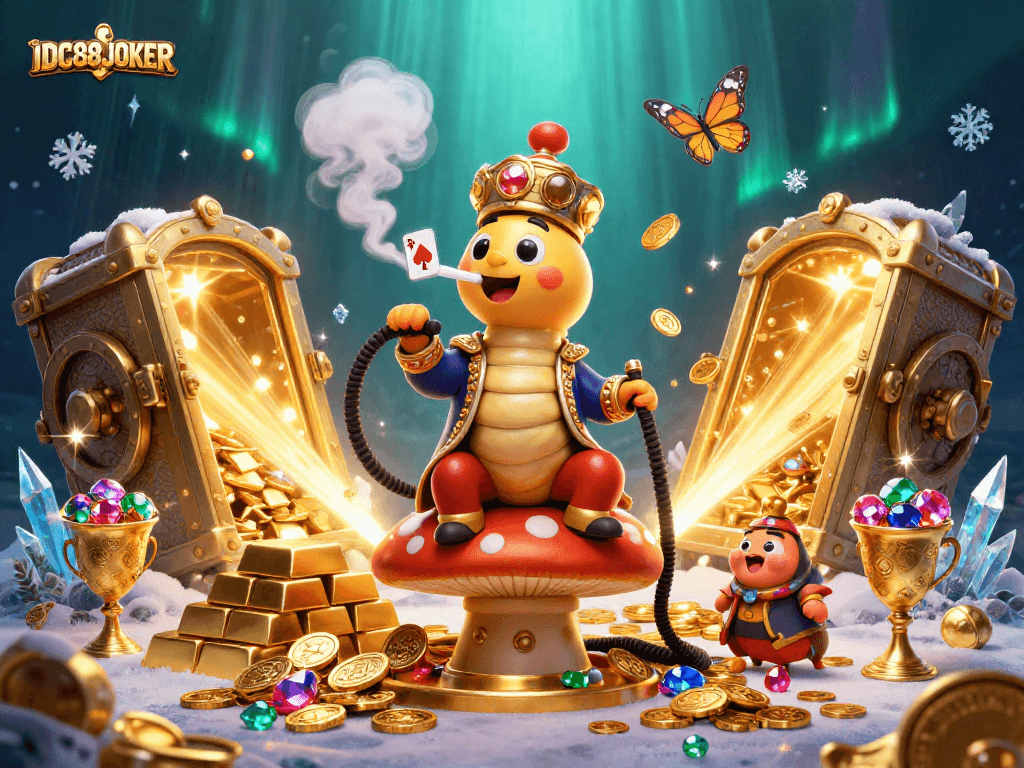 Play poker with IDC88JOKER’s vibrant 3D illustration featuring whimsical characters and casino treasures.