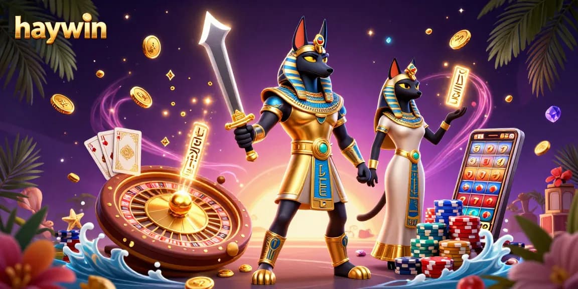 Experience the excitement of haywin with Anubis and Bastet amidst dynamic casino elements.