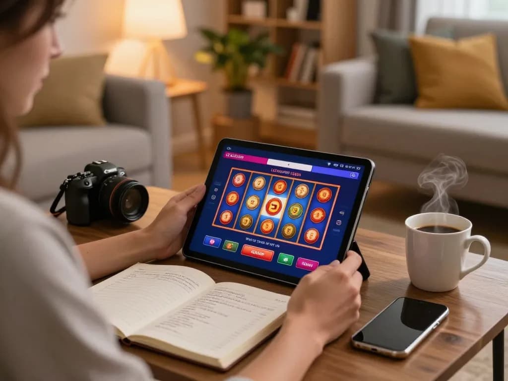 Engaging LGOSUPER LOGIN session on a tablet in cozy home setting, showcasing vibrant slot gameplay.