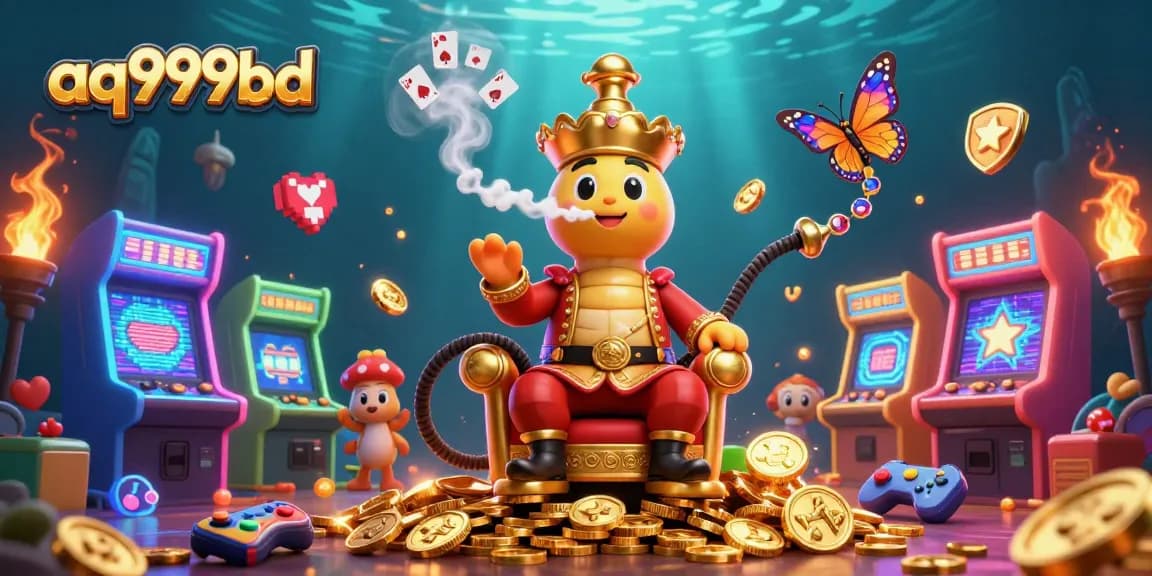 Engage in thrilling casino action at aq999bd, featuring colorful game elements and a whimsical hookah-master.