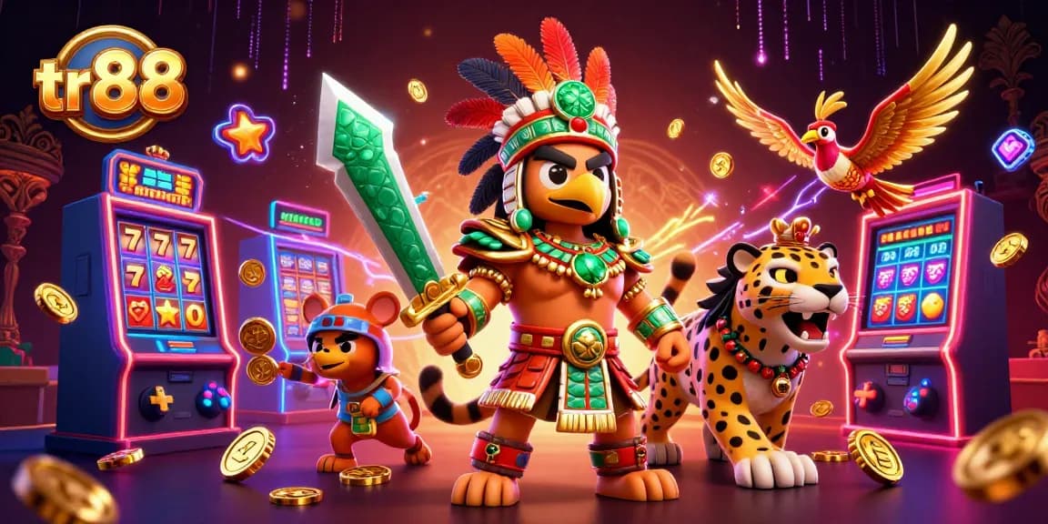 Join the excitement at tr 88 with a festive slots adventure showcased in vibrant colors and detailed characters.