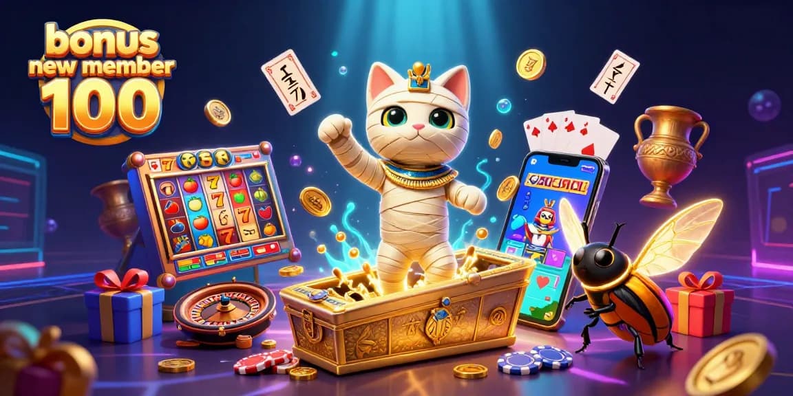 Spin and win with bonus new member 100 in a vibrant casino scene featuring an Egyptian mummy cat and a scarab.