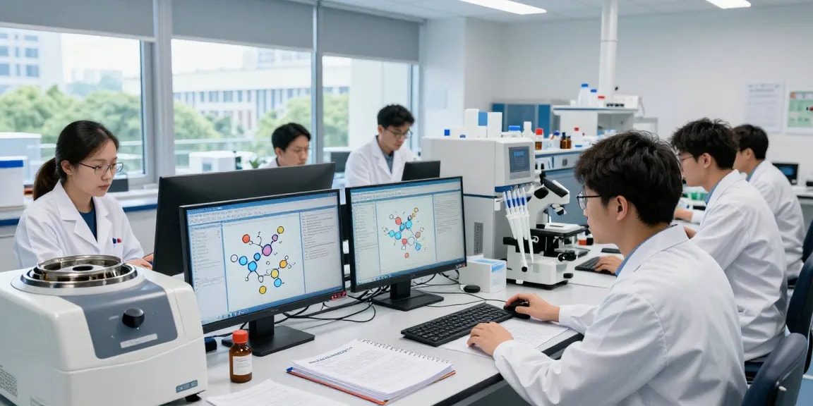 Research scientists analyzing retatrutide data in a modern lab environment, showcasing collaborative metabolic studies in Canada.