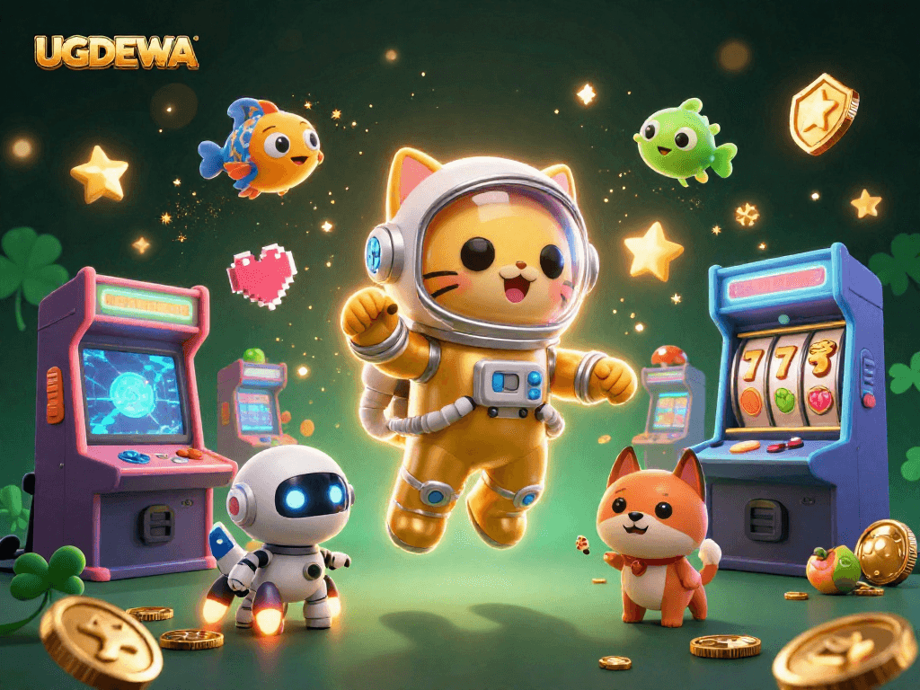 Spin and win big with UGDEWA in this vibrant 3D casino adventure featuring cartoon astronauts and arcade machines.