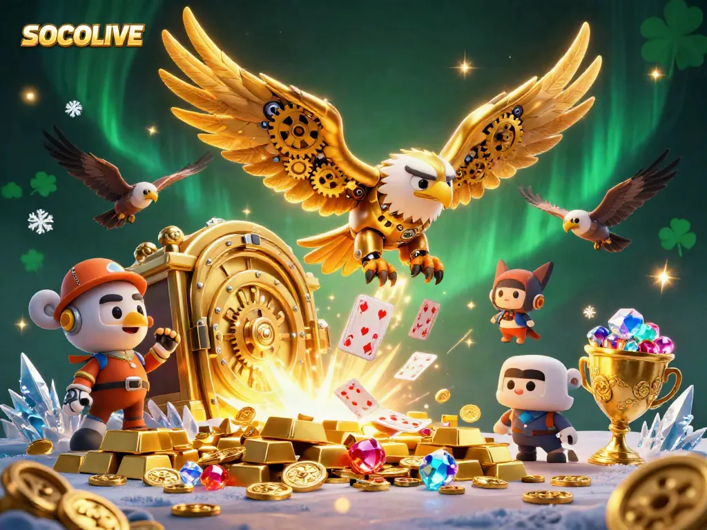 Engage in thrilling SOCOLIVE gameplay with an electrifying scene of flying golden eagle amid treasure and gambling elements.
