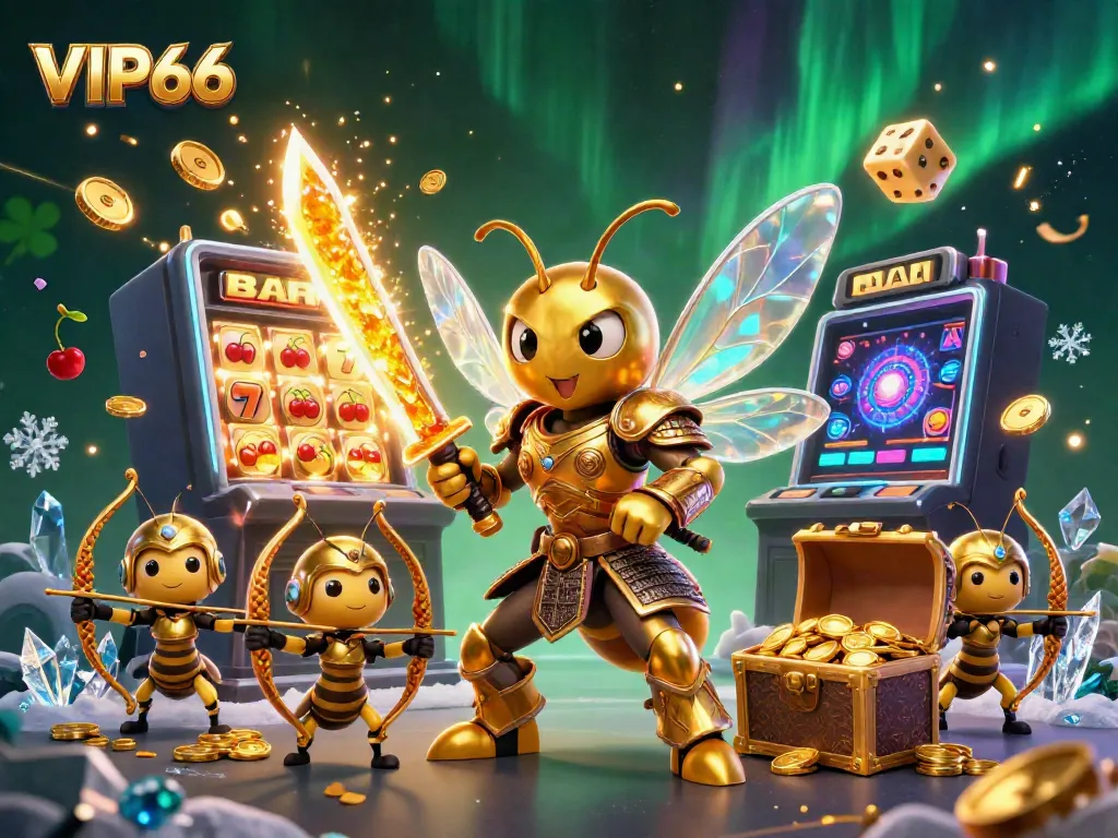 Engage with VIP66 as the golden hornet warrior battles for jackpots in a vibrant casino fantasy scene.