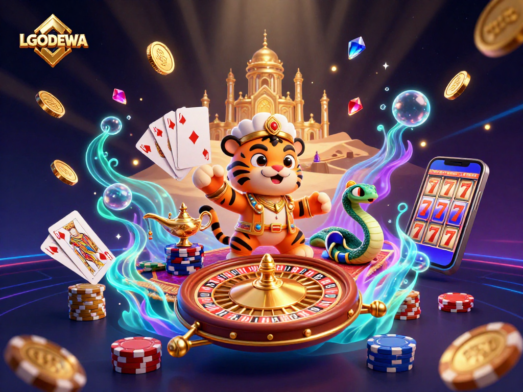 Spin the reels with LGODEWA's vibrant casino scene featuring a sultan, treasure, and lively game elements.