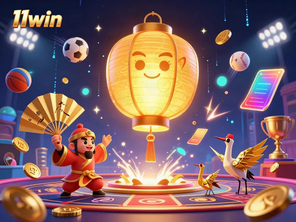 Experience thrilling gaming with 11win's dynamic sports betting scene featuring vibrant characters and golden elements.