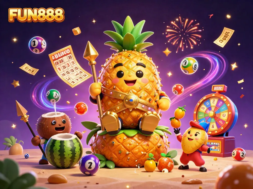 Experience the vibrant FUN888 casino scene with a golden pineapple king and lively characters in a dynamic, festive atmosphere.
