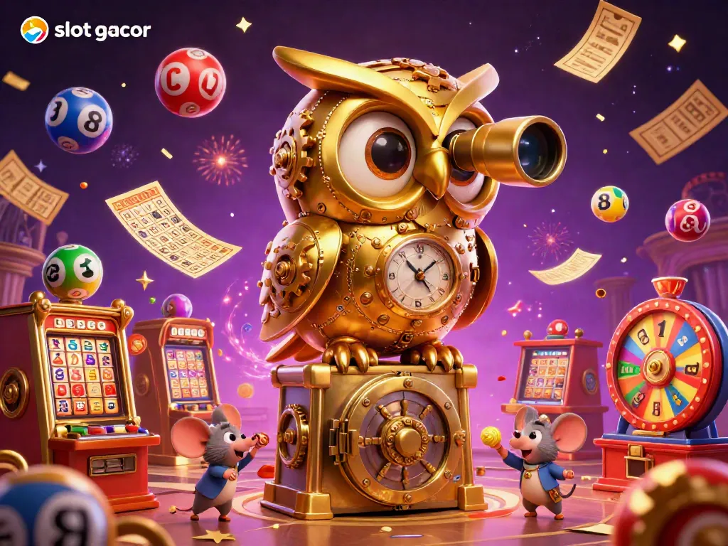 Experience slot gacor excitement with vibrant casino illustration of a golden owl and lively gaming elements.