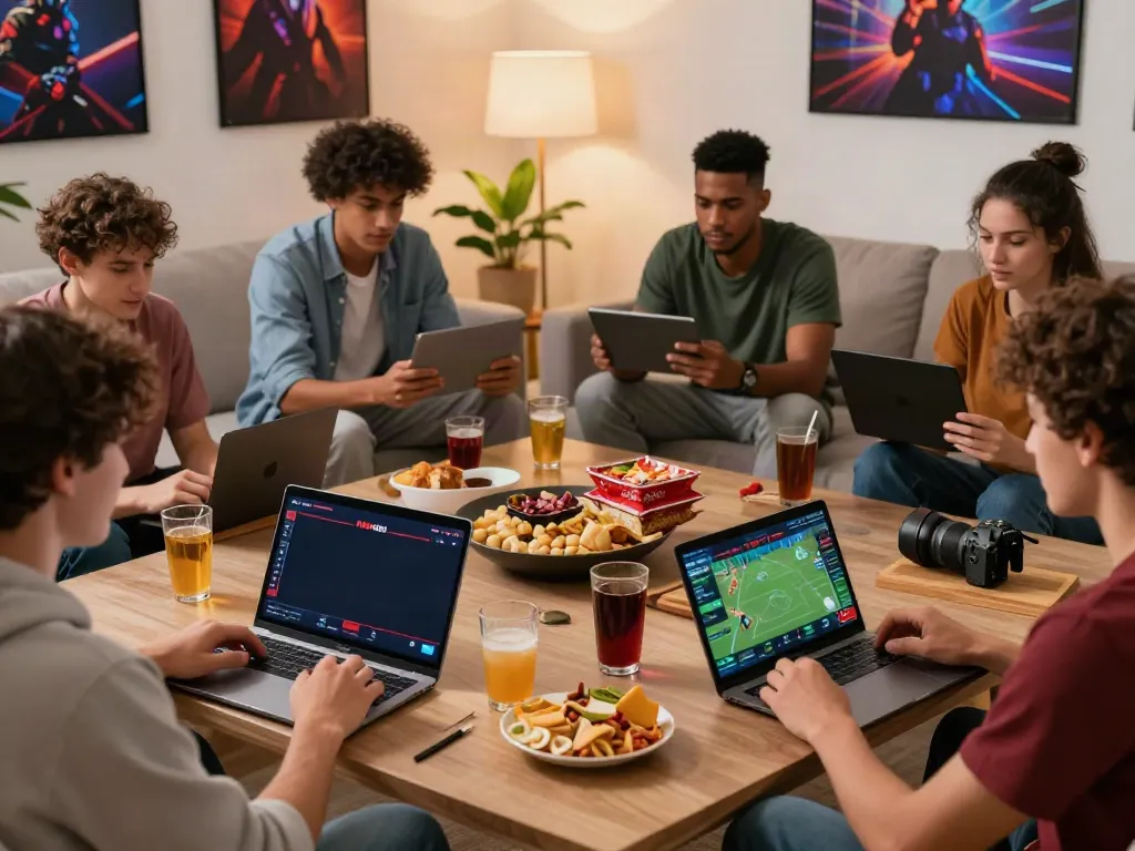 Friends enjoying online gaming with RED88 betting interface in a lively living room.