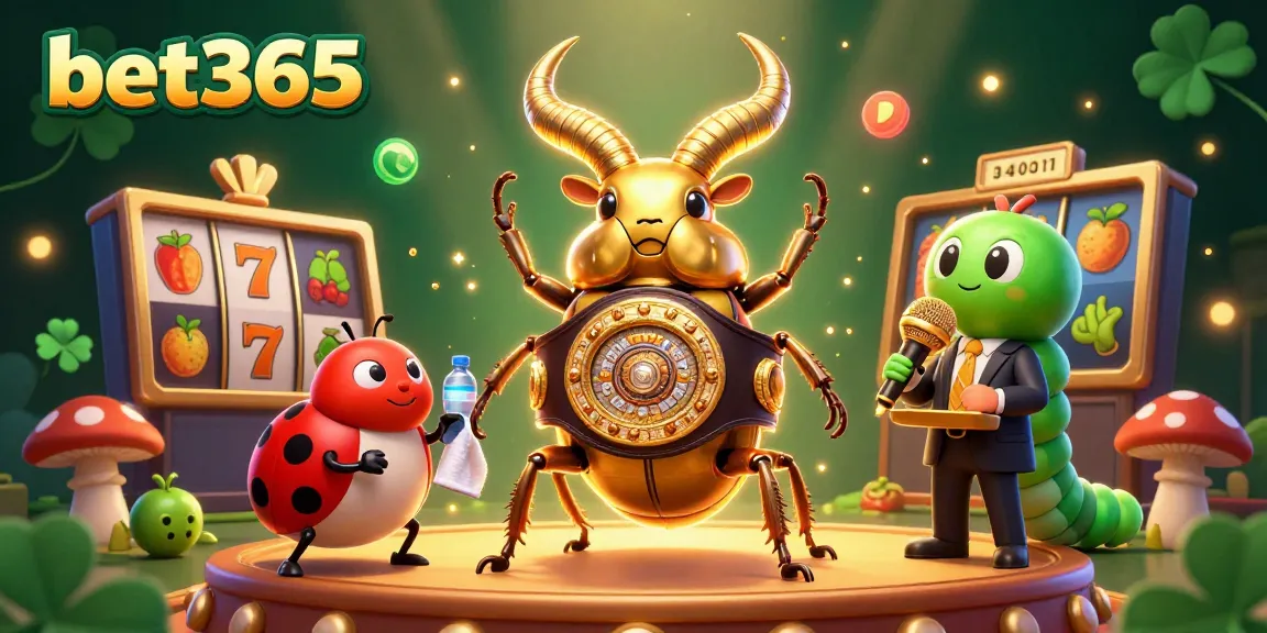 Engage with bet365's thrilling slots through a vibrant 3D scene featuring a glowing stag beetle champion.