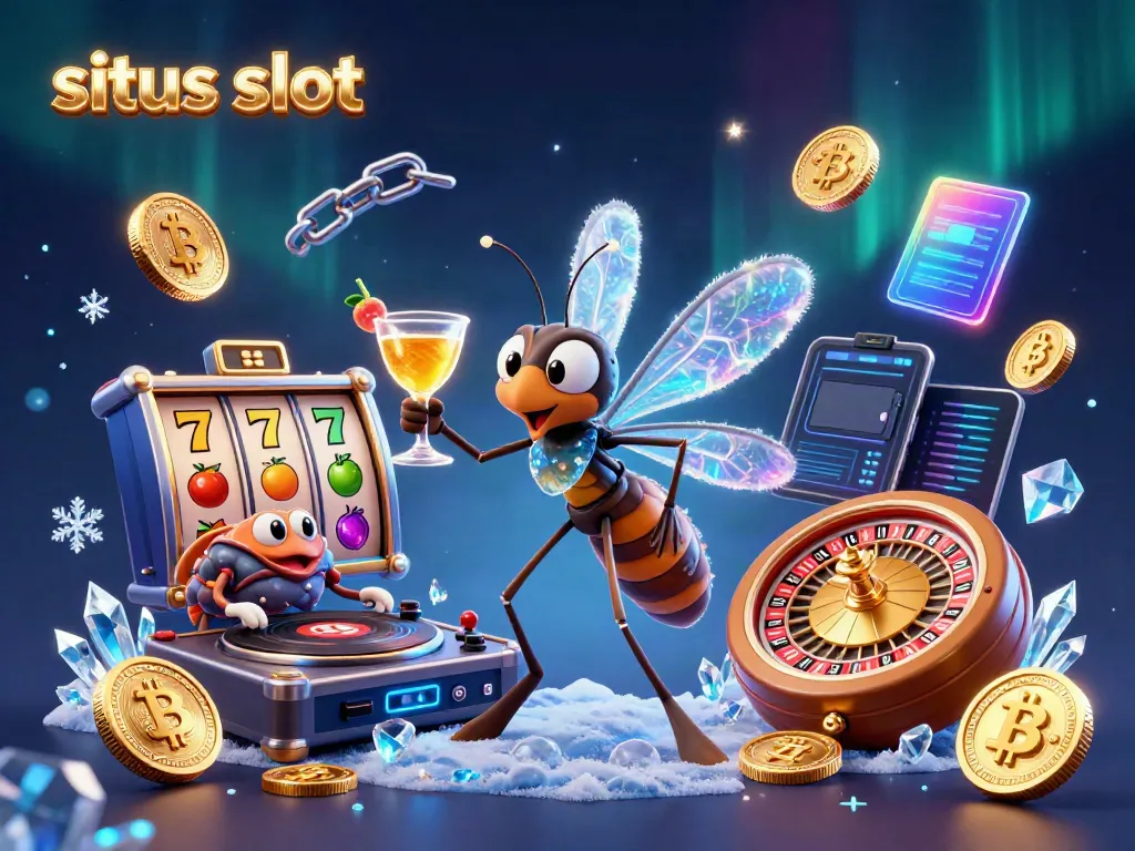 Exciting situs slot casino scene with characters, reels, and Bitcoin elements.
