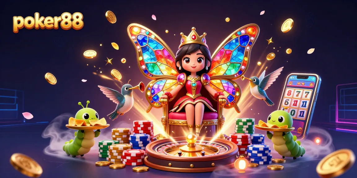 Engage with poker88 in a vibrant casino scene featuring a butterfly queen and dynamic gaming elements.