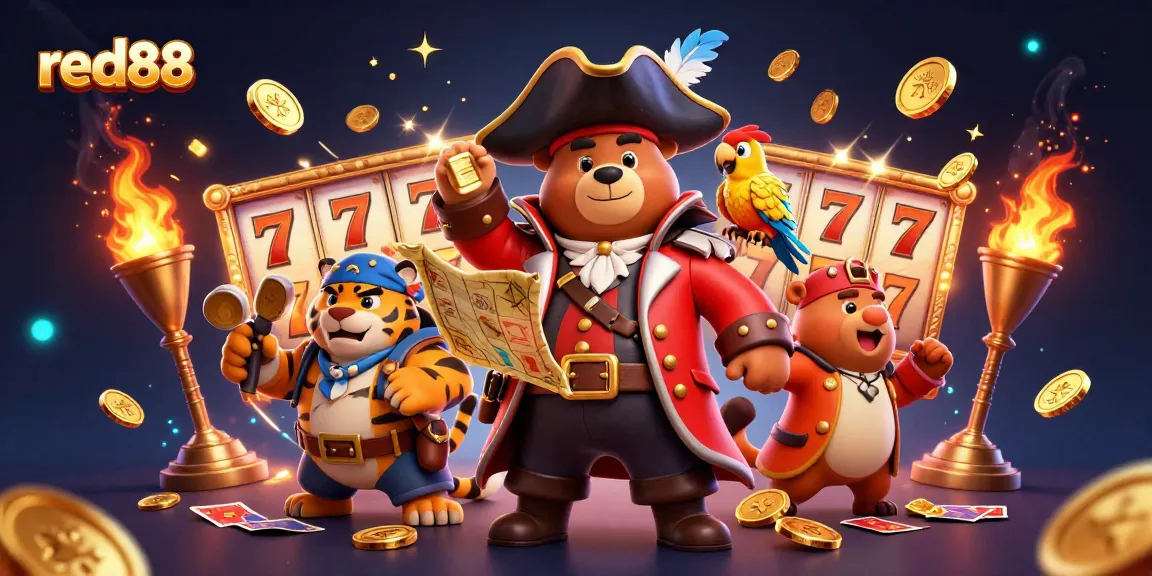 Play to win big with red88 in this vibrant casino-themed illustration featuring dynamic games and characters.