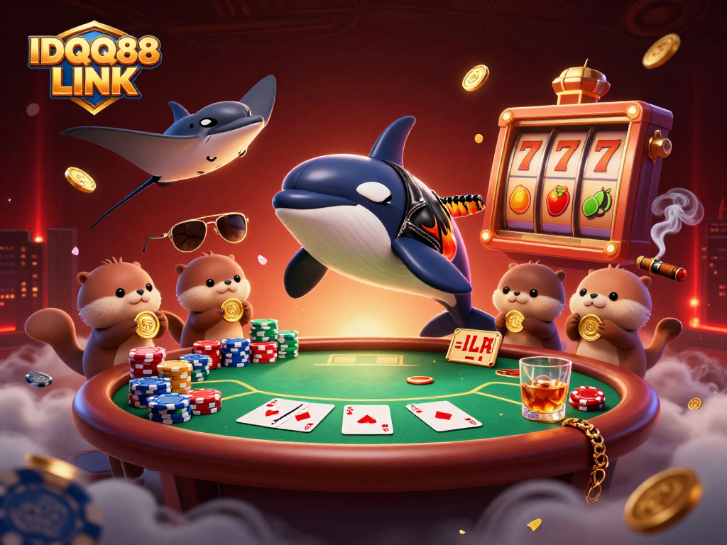 Experience excitement with IDQQ88 LINK at the poker table, surrounded by thrilling characters and casino elements.
