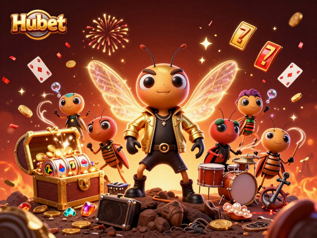 Spin the reels and win at Hubet with vibrant casino-themed cartoon illustration featuring characters and treasures.