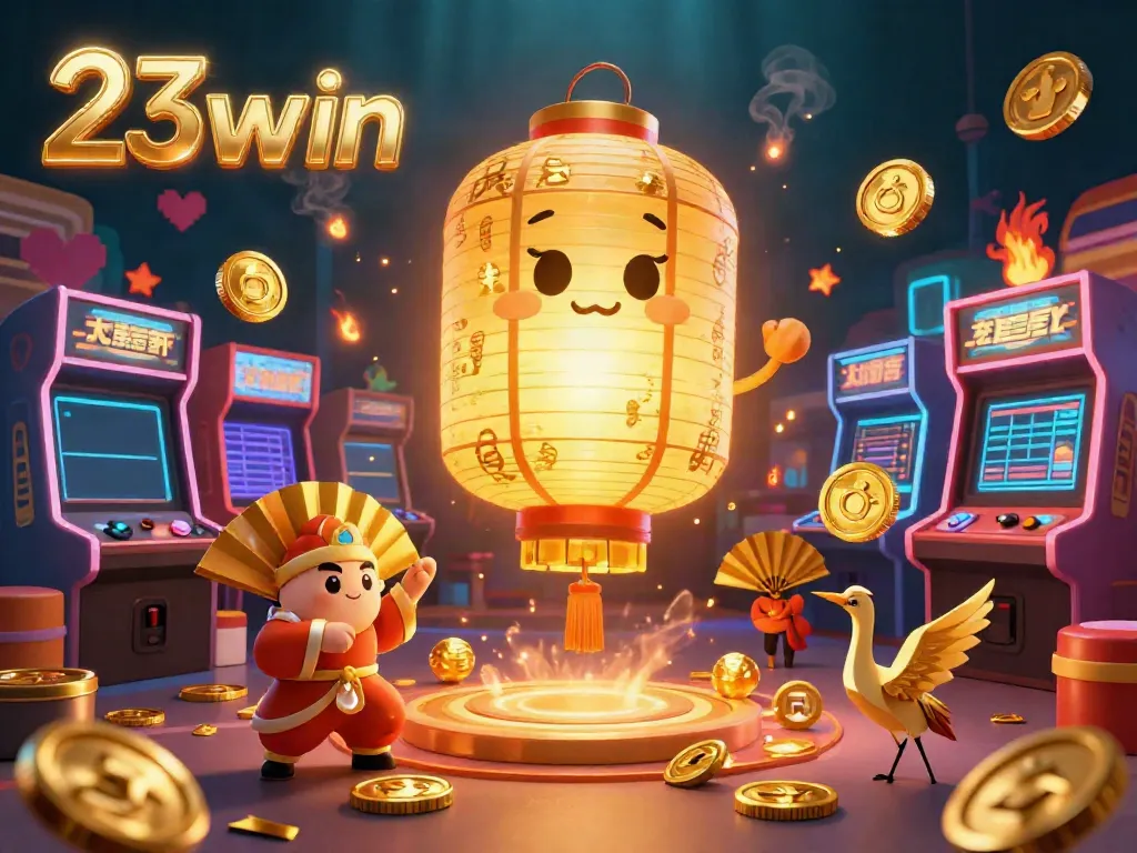 Experience the thrill of 23win with a vibrant 3D casino scene featuring a glowing lantern spirit.