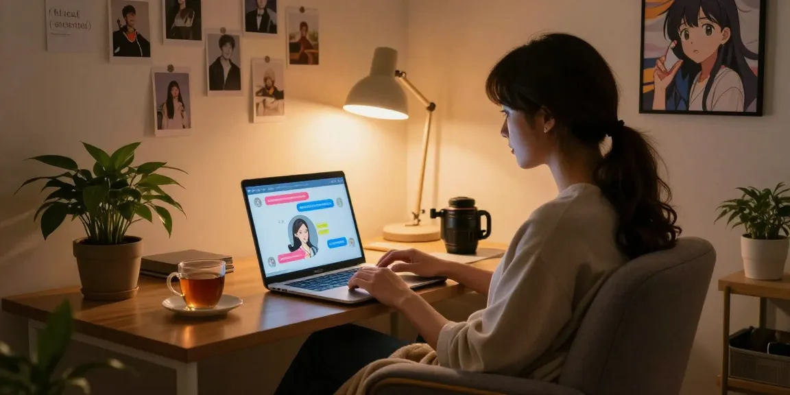 Engaging AI gf interaction in a cozy home office setting.