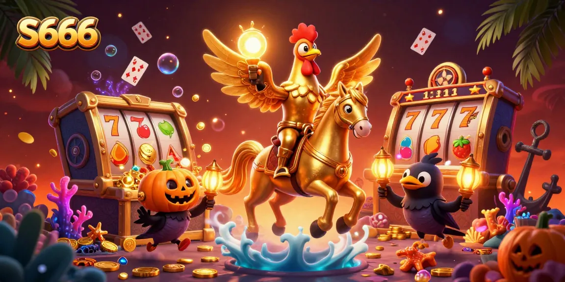 Experience thrilling gameplay at S666 with golden rooster, treasure, and vibrant casino elements.