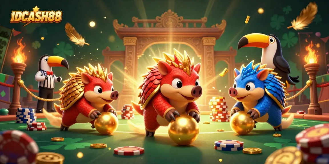 Play slots confidently at IDCASH88 with pangolins amidst poker chips and golden confetti.