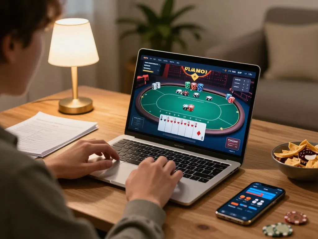 Engaged user experiencing maxpoker88 while strategizing poker gameplay at home with laptop.