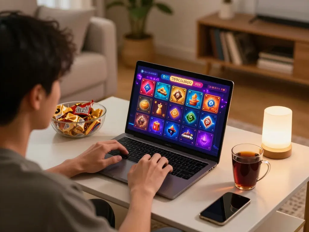 Player engaging with the 789clubgo online casino interface during a cozy gaming session at home.