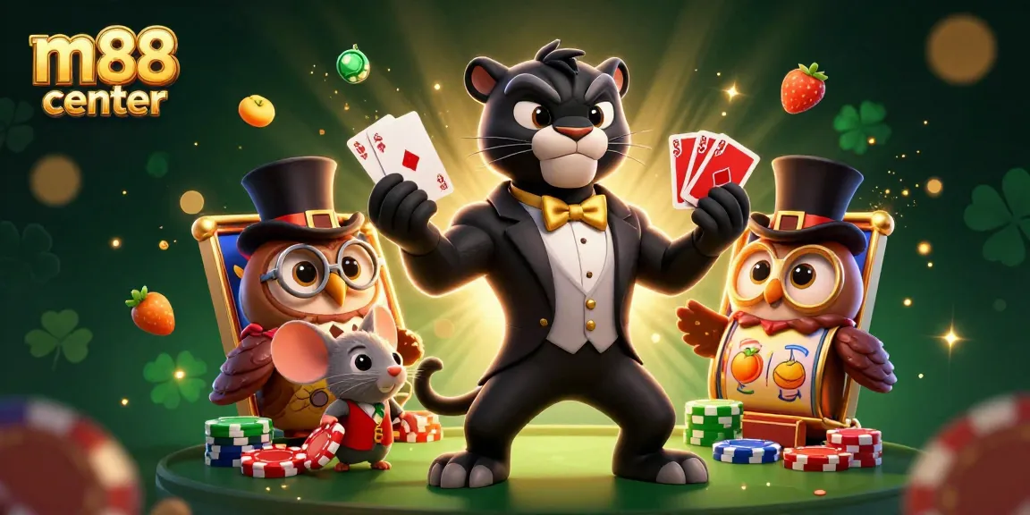 Play thrilling slots at m88 center with stylish characters in a vibrant casino setting.