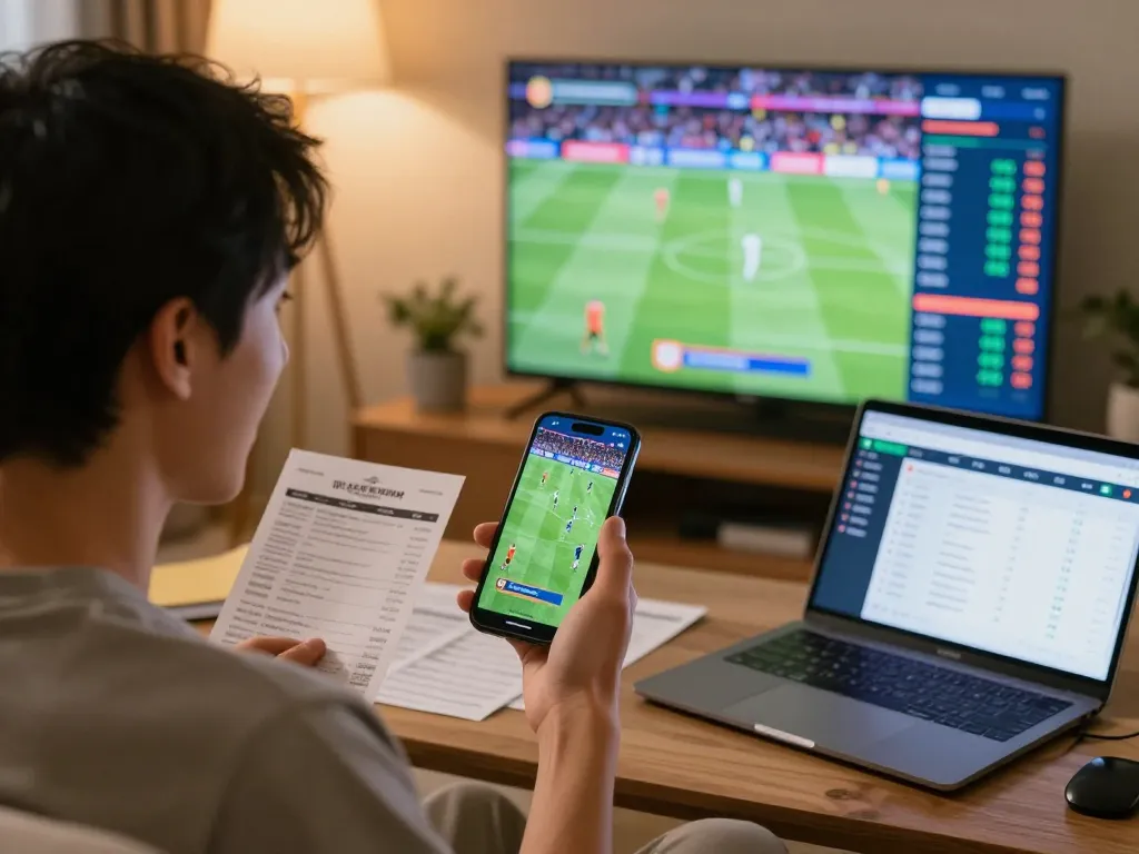 Engaged bettor analyzing odds on keonhacaii88 while watching live sports, capturing the excitement of strategic sports betting