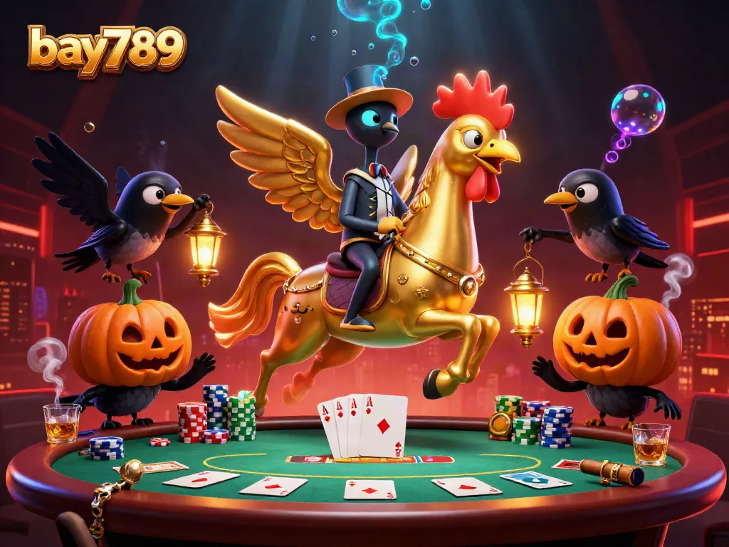 Experience bay789's vibrant casino with a golden rooster and colorful poker elements in play.