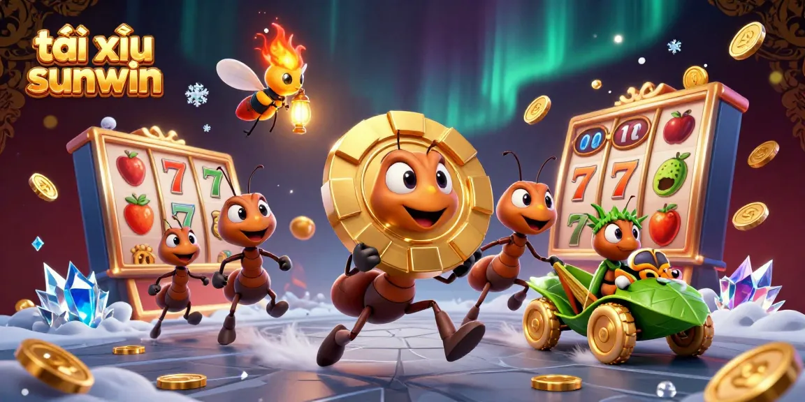 Engage in tài xỉu sunwin while witnessing a dynamic heist scene with ants, golden poker chips, and vibrant elements.
